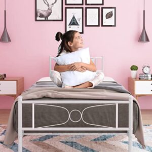 White Twin Bed Frames with Headboard Storage for Girls Boys Adults, Metal Twin Size Platform Bed Frame no Box Spring Needed, Mattress Foundation with Steel Slats Support, Noise Free, Anti-Slip