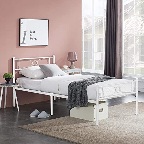 White Twin Bed Frames with Headboard Storage for Girls Boys Adults, Metal Twin Size Platform Bed Frame no Box Spring Needed, Mattress Foundation with Steel Slats Support, Noise Free, Anti-Slip