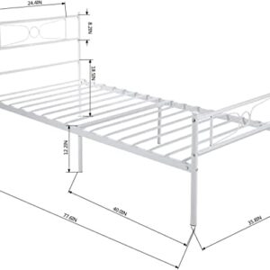 White Twin Bed Frames with Headboard Storage for Girls Boys Adults, Metal Twin Size Platform Bed Frame no Box Spring Needed, Mattress Foundation with Steel Slats Support, Noise Free, Anti-Slip