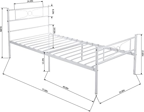 White Twin Bed Frames with Headboard Storage for Girls Boys Adults, Metal Twin Size Platform Bed Frame no Box Spring Needed, Mattress Foundation with Steel Slats Support, Noise Free, Anti-Slip