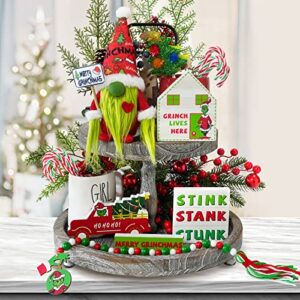 grinch christmas tiered tray decor - 6 pcs christmas gnome tiered tray decoration, green christmas wood signs inspired christmas new year holiday decor -(tray not included)