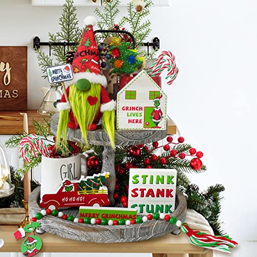 Grinch Christmas Tiered Tray Decor - 6 PCS Christmas Gnome Tiered Tray Decoration, Green Christmas Wood Signs Inspired Christmas New Year Holiday Decor -(Tray Not Included)