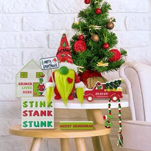 Grinch Christmas Tiered Tray Decor - 6 PCS Christmas Gnome Tiered Tray Decoration, Green Christmas Wood Signs Inspired Christmas New Year Holiday Decor -(Tray Not Included)