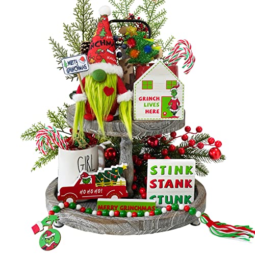 Grinch Christmas Tiered Tray Decor - 6 PCS Christmas Gnome Tiered Tray Decoration, Green Christmas Wood Signs Inspired Christmas New Year Holiday Decor -(Tray Not Included)