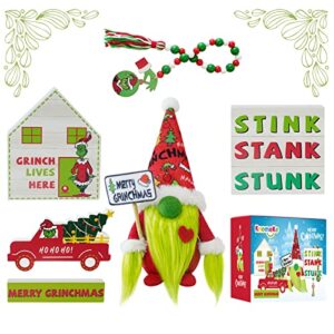 Grinch Christmas Tiered Tray Decor - 6 PCS Christmas Gnome Tiered Tray Decoration, Green Christmas Wood Signs Inspired Christmas New Year Holiday Decor -(Tray Not Included)