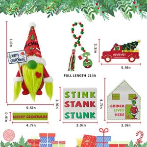 Grinch Christmas Tiered Tray Decor - 6 PCS Christmas Gnome Tiered Tray Decoration, Green Christmas Wood Signs Inspired Christmas New Year Holiday Decor -(Tray Not Included)