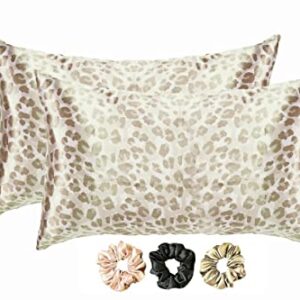 Coolbeds Satin Silk Pillow Covers for Hair and Skin-with Satin Scrunchies for Women Stylish |Satin Pillow Covers for Hair and Skin 2Pack |Silk scrunchies for Women 3Pack|Silk Pillow Case (Leopard)