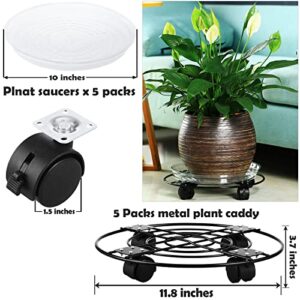 5 Packs Large Metal Plant Caddy 11.8” Plant Dolly with Casters Heavy Duty Wrought Iron Rolling Plant Stand with Wheels for Indoor and Outdoor Plant Pot Rollers Black