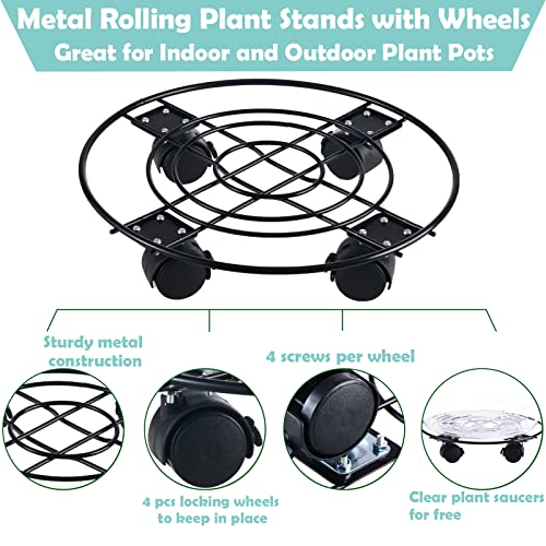 5 Packs Large Metal Plant Caddy 11.8” Plant Dolly with Casters Heavy Duty Wrought Iron Rolling Plant Stand with Wheels for Indoor and Outdoor Plant Pot Rollers Black