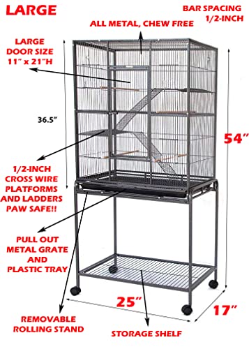 54" Large Wrought Iron 4-Level Tight 1/2-inch Wire Spacing Ferret Chinchilla Sugar Glider Rats Mices Rabbit Squirrel Hamster Cage with Removable Stand (25" L x 17" W x 54" H, Black Vein)