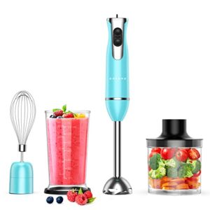 galanz 4-in-1 retro immersion hand blender & food chopper with whisk, 2 speeds, blending beaker included, stainless steel, 260w, blue