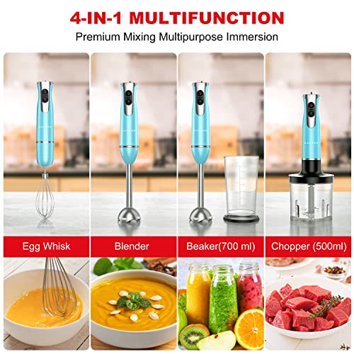 Galanz 4-in-1 Retro Immersion Hand Blender & Food Chopper with Whisk, 2 Speeds, Blending Beaker Included, Stainless Steel, 260W, Blue