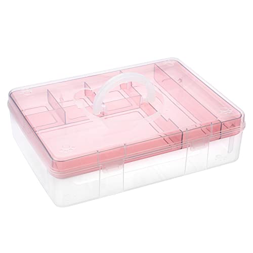 BTSKY 2-Tier Cute Bear Storage Box with Removable Divided Tray Portable Clear Plastic Art Craft Supply Organizer Stackable Home Office Supplies Storage Container for Pens Notes A4 papers etc (Pink)