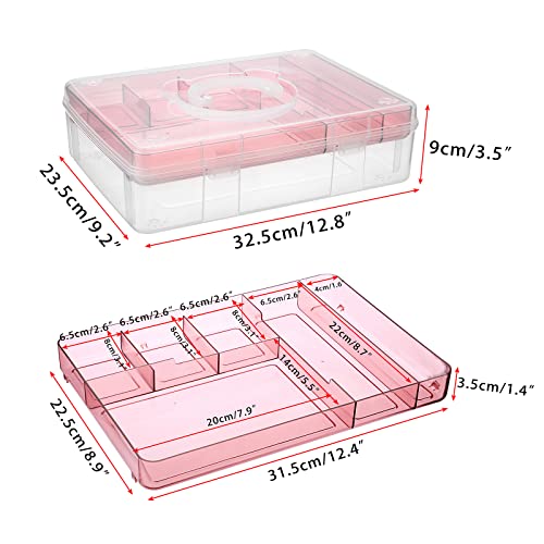 BTSKY 2-Tier Cute Bear Storage Box with Removable Divided Tray Portable Clear Plastic Art Craft Supply Organizer Stackable Home Office Supplies Storage Container for Pens Notes A4 papers etc (Pink)