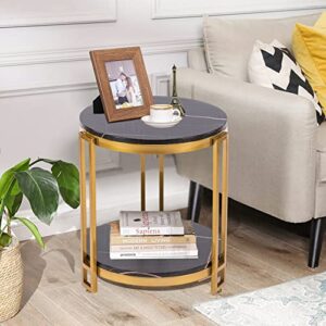 Alunaune Industrial End Table, 2-Tier Marble Look Round Side Table, Small Modern Storage Shelf Gold Metal Coffee Table Nightstand for Living Room Bedroom-Black