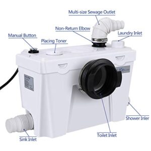 Upflush Macerating Toilet with Pump for Basement with Macerator Pump, 1.28GPF Dual Flush Toilet Tank, Nano Glaze Toilet Bowl, Extension Pipe, 4 Water Inlets for Toilet Kitchen, Sink, Bathtub