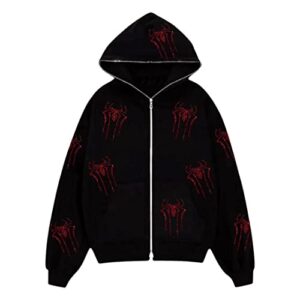 Madjtlqy Zip Up Graphic Hoodie for Women Oversized Y2K Sweatshirt Jacket E-Girl 90S Pullover Streetwear D Black