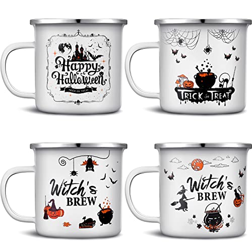 Skyley 4 Pcs Halloween Coffee Cups Fall Novelty Mugs Enamel Campfire 12oz Witch's Brew Trick or Treat Outdoor Camping Mug Cup Gifts for Friends Kitchen Decor Happy Halloween, White