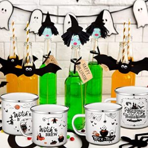 Skyley 4 Pcs Halloween Coffee Cups Fall Novelty Mugs Enamel Campfire 12oz Witch's Brew Trick or Treat Outdoor Camping Mug Cup Gifts for Friends Kitchen Decor Happy Halloween, White