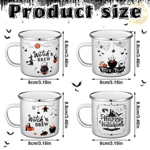 Skyley 4 Pcs Halloween Coffee Cups Fall Novelty Mugs Enamel Campfire 12oz Witch's Brew Trick or Treat Outdoor Camping Mug Cup Gifts for Friends Kitchen Decor Happy Halloween, White