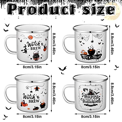 Skyley 4 Pcs Halloween Coffee Cups Fall Novelty Mugs Enamel Campfire 12oz Witch's Brew Trick or Treat Outdoor Camping Mug Cup Gifts for Friends Kitchen Decor Happy Halloween, White