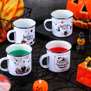 Skyley 4 Pcs Halloween Coffee Cups Fall Novelty Mugs Enamel Campfire 12oz Witch's Brew Trick or Treat Outdoor Camping Mug Cup Gifts for Friends Kitchen Decor Happy Halloween, White