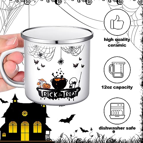 Skyley 4 Pcs Halloween Coffee Cups Fall Novelty Mugs Enamel Campfire 12oz Witch's Brew Trick or Treat Outdoor Camping Mug Cup Gifts for Friends Kitchen Decor Happy Halloween, White