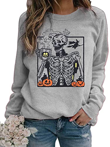 MYHALF Coffee Skeleton Sweatshirt Women Halloween Pumpkin Shirts Funny Graphic Long Sleeves Fall Sweatshirts