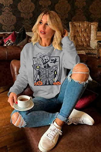 MYHALF Coffee Skeleton Sweatshirt Women Halloween Pumpkin Shirts Funny Graphic Long Sleeves Fall Sweatshirts