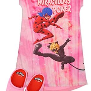 Miraculous Ladybug Pajamas for Girls Nightgown and Slipper Set, Short Sleeve Dorm Shirt, Red/Pink, Size 7/8