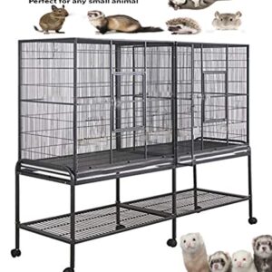 54" Large Double 3-Levels Small Animals Critters Wrought Iron Cage Center Slide Out Divider Tight 1/2-inch Bar Spacing Removable Rolling Stand Ferret Chinchilla Rat Mouse Hamster Sugar Glider