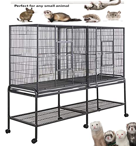 54" Large Double 3-Levels Small Animals Critters Wrought Iron Cage Center Slide Out Divider Tight 1/2-inch Bar Spacing Removable Rolling Stand Ferret Chinchilla Rat Mouse Hamster Sugar Glider