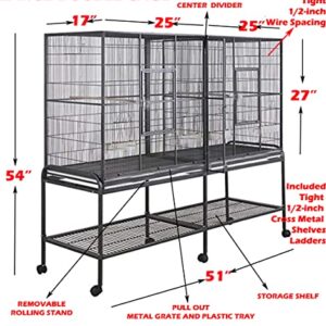 54" Large Double 3-Levels Small Animals Critters Wrought Iron Cage Center Slide Out Divider Tight 1/2-inch Bar Spacing Removable Rolling Stand Ferret Chinchilla Rat Mouse Hamster Sugar Glider