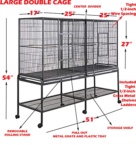 54" Large Double 3-Levels Small Animals Critters Wrought Iron Cage Center Slide Out Divider Tight 1/2-inch Bar Spacing Removable Rolling Stand Ferret Chinchilla Rat Mouse Hamster Sugar Glider