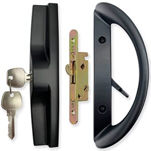 patio sliding door handle set with mortise lock, key cylinder and face plate, full replacement handle lock set fits door thickness from 1-1/2" to 1-3/4", 3-15/16" screw hole spacing, black