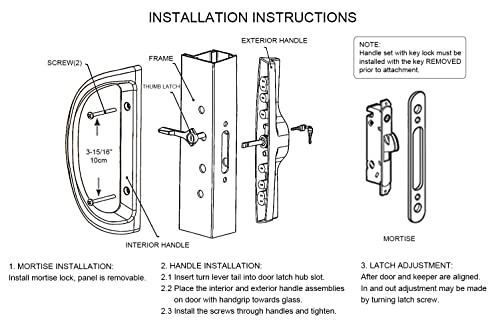 Patio Sliding Door Handle Set with Mortise Lock, Key Cylinder and Face Plate, Full Replacement Handle Lock Set Fits Door Thickness from 1-1/2" to 1-3/4", 3-15/16" Screw Hole Spacing, Black