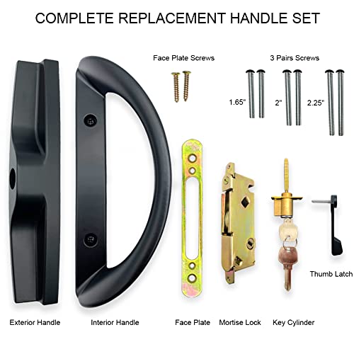 Patio Sliding Door Handle Set with Mortise Lock, Key Cylinder and Face Plate, Full Replacement Handle Lock Set Fits Door Thickness from 1-1/2" to 1-3/4", 3-15/16" Screw Hole Spacing, Black