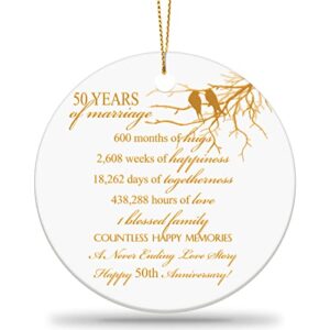 wedding anniversary ornament years of marriage gift round ceramic christmas tree ornament marriage collectible holiday keepsake decoration gift for couple parent husband wife (50th anniversary)