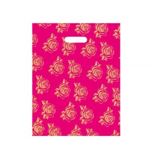 infinitepack large 12"x15"(100pcs) golden roses printed on pink thank you merchandise bags , die cut handles, retail shopping bags for boutique, goodie bags, gift bags bulk, favors, 1.5 mil reusable plastic bags