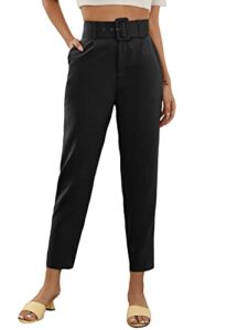 makemechic women's casual high waisted belted tapered pants with pockets black m