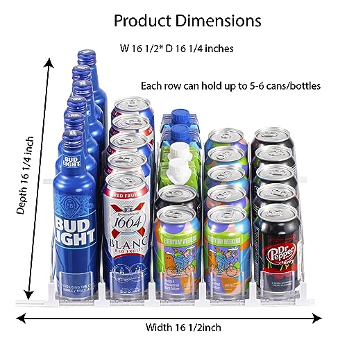 Rula Drink Dispenser for Fridge, Self-Pushing Soda Can Organizer for Refrigerator, Width Adjustable Beverage Pusher Glide, Beer Pop Can Water Bottle Storage for Pantry, Kitchen-White, 5 Rows, 16.2"D