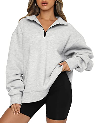 Trendy Queen Womens Oversized Half Zip Pullover Sweatshirts Fleece Jackets Quarter Zip Cropped Sweaters Hoodies Fall Clothes Outfits Tops Grey