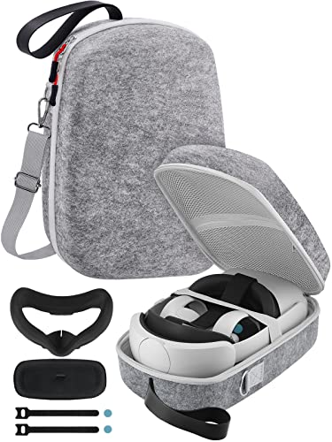 TOENNESEN Hard Carrying Case Compatible with Meta/Oculus Quest 2 VR Headset with Official Elite Battery Strap and Touch Controllers Accessories, Lightweight for Travel and Home Storage(Grey)