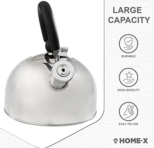 HOME-X Shiny Whistling Kettle, Stainless-Steel Stovetop Tea Kettle, Whistling Water Boiler, Large 2 Liter Capacity,8 ¾” L x 7" W x 8 ¼”, Polished Stainless-Steel