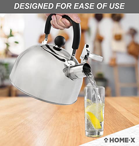 HOME-X Shiny Whistling Kettle, Stainless-Steel Stovetop Tea Kettle, Whistling Water Boiler, Large 2 Liter Capacity,8 ¾” L x 7" W x 8 ¼”, Polished Stainless-Steel