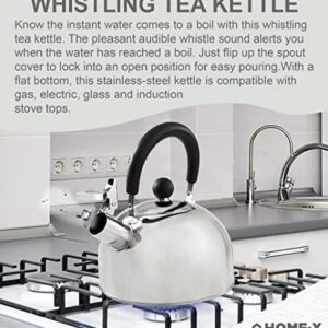 HOME-X Shiny Whistling Kettle, Stainless-Steel Stovetop Tea Kettle, Whistling Water Boiler, Large 2 Liter Capacity,8 ¾” L x 7" W x 8 ¼”, Polished Stainless-Steel