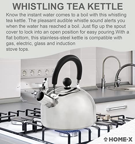 HOME-X Shiny Whistling Kettle, Stainless-Steel Stovetop Tea Kettle, Whistling Water Boiler, Large 2 Liter Capacity,8 ¾” L x 7" W x 8 ¼”, Polished Stainless-Steel