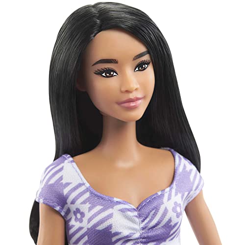 Barbie Fashionistas Doll #199 with Tall Body, Wavy Black Hair, Gingham Cut-Out Dress & Accessories