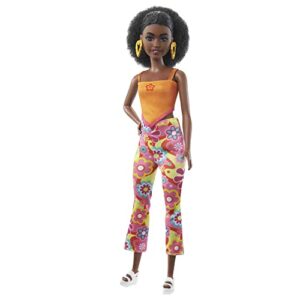 barbie fashionistas doll #198 with petite body, curly black hair, retro floral clothes & accessories