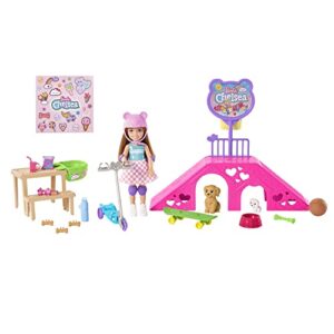 barbie chelsea doll & skate park playset with 2 puppies, skate ramp, scooter & 15+ accessories, brunette small doll with blue eyes